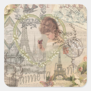 Sticker Carré Paris France Jolie Fille Douce Tour Eiffel