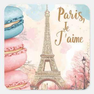 Sticker Carré Paris, Je T'aime - Tour Eiffel avec Macarons