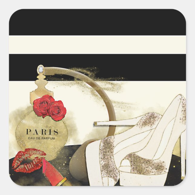 Sticker Carré Paris Parfum Rose talons et bâton à lèvres (Devant)