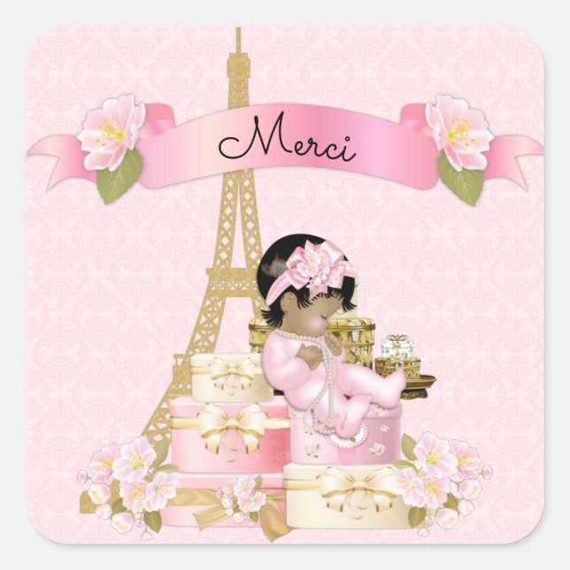 Sticker Carré Paris Tour Eiffel Pink Gold Baby Girl Ethnique (Devant)