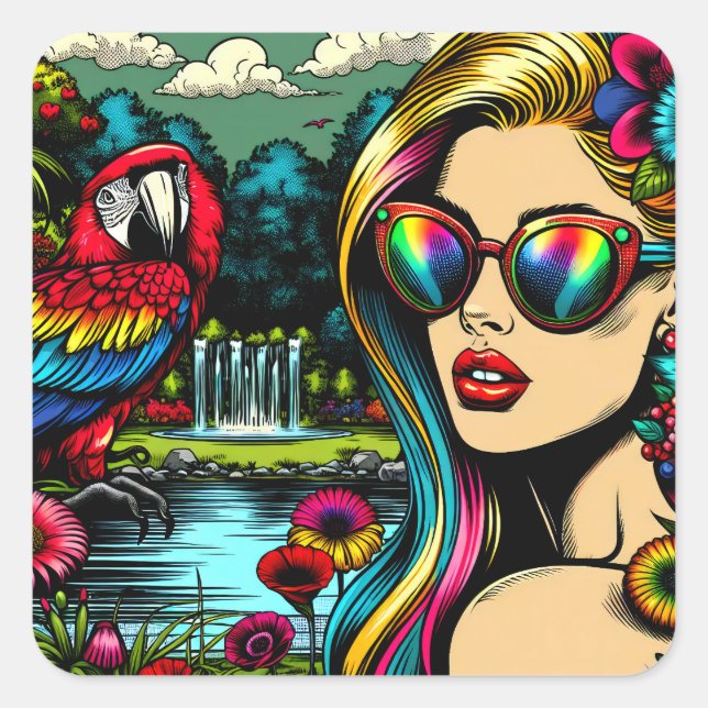 Sticker Carré Parrot mignonne et belle femme dans le jardin (Devant)