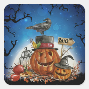 Sticker Carré Parti Citrouille Halloween Raven
