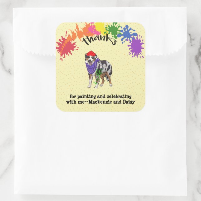 Sticker Carré Parti d'anniversaire australien Shepherd Dog Fun A (Sac)