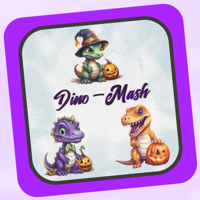 Sticker Carré Parti Dino-Mash d'Halloween (Triple DIno, Dino-Mash stickers for Halloween with Purple trim)