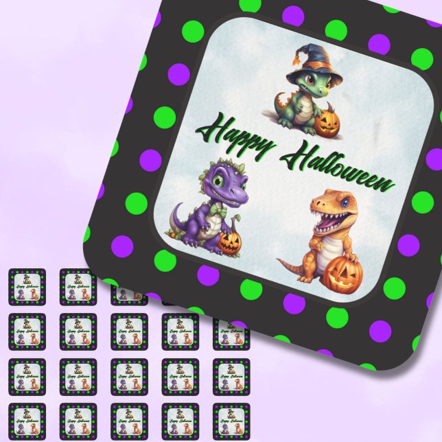 Sticker Carré Parti Dino-Mash d'Halloween (Polka Dot Dino Halloween Stickers)