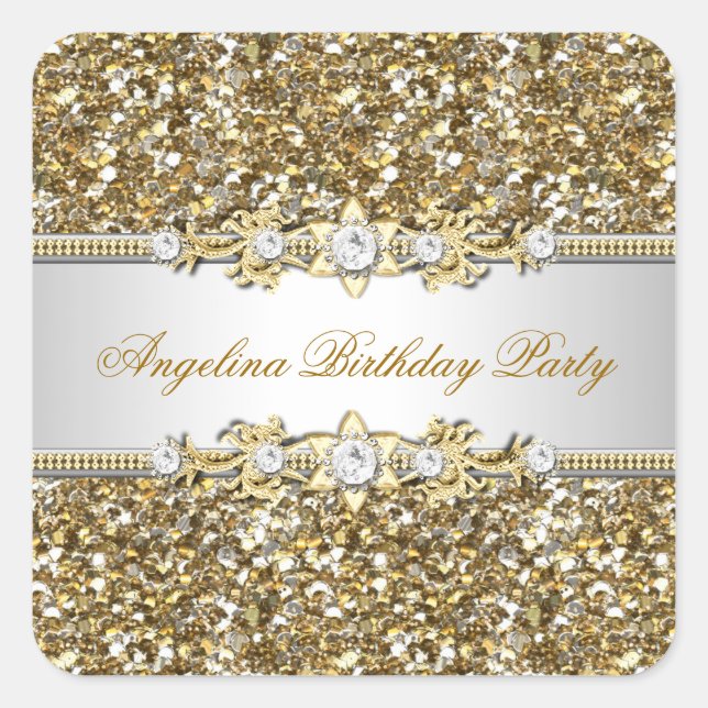 Sticker Carré Parties scintillant Anniversaire Soirée Or Bijou D (Devant)