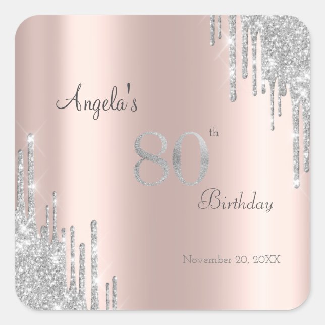 Sticker Carré Parties scintillant argent gouttes Rose or 80e ann (Devant)