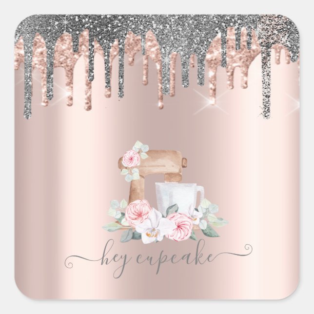 Sticker Carré Parties scintillant argent  Mixer Fleurs Rose or (Devant)