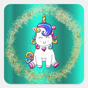 Sticker Carré Parties scintillant colorée Unicornes Turquoise
