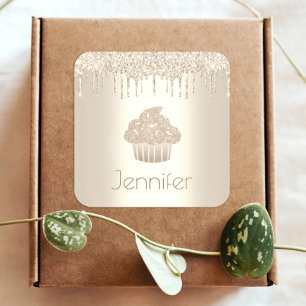Sticker Carré Parties scintillant de cupcake or gouttes nom glam