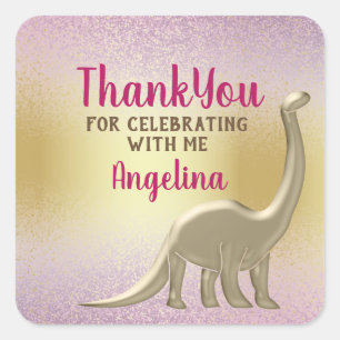 Sticker Carré Parties scintillant Dinosaure rose et or Merci d'a