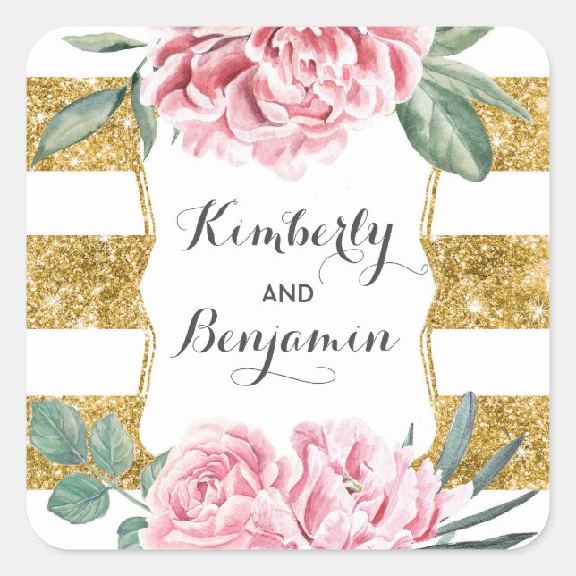 Sticker Carré Parties scintillant d'or rayures et fleurs roses V (Devant)