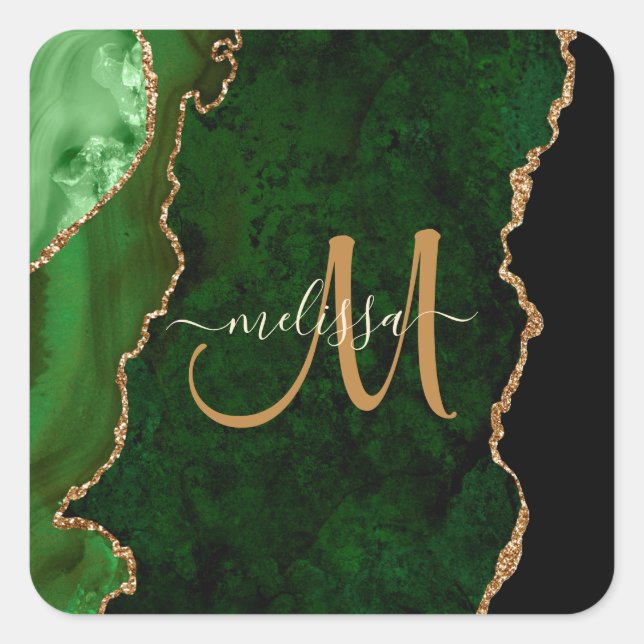 Sticker Carré Parties scintillant d'or vert chic Agate Monogramm (Devant)