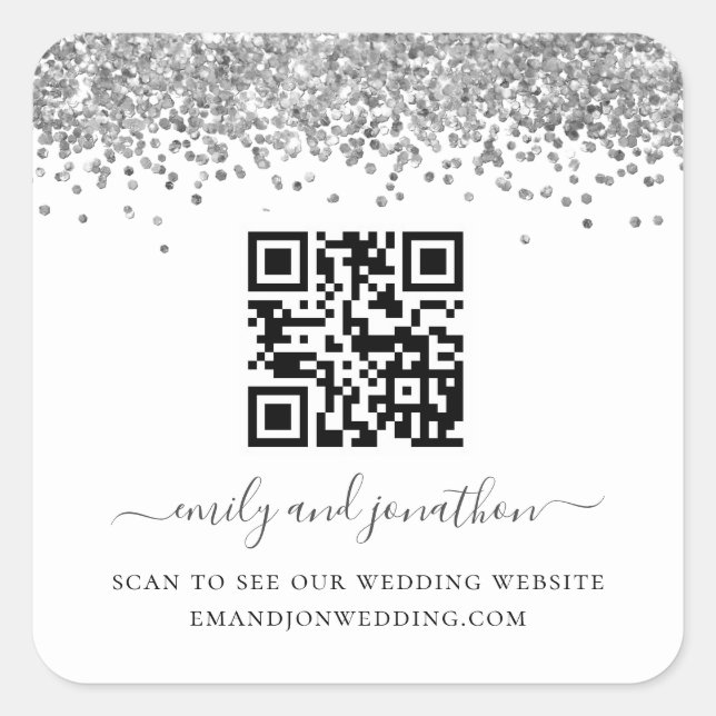Sticker Carré Parties scintillant en argent QR Code Mariage site (Devant)