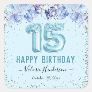 Sticker Carré Parties scintillant florale Bleu clair Joyeux 15e 
