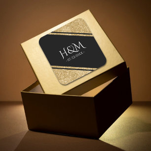 Sticker Carré Parties scintillant Noir & Or Grille Mariage Faveu