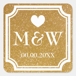 Sticker Carré Parties scintillant or monogramme mariage faveurs 