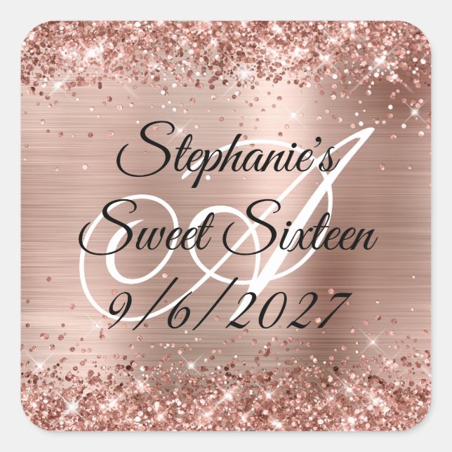 Sticker Carré Parties scintillant or Rose Faux et Sweet sixteen  (Devant)