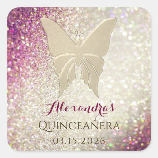 Sticker Carré Parties scintillant Quinceanera rose et or Anniver