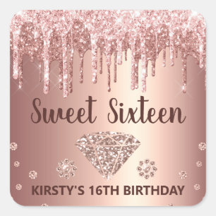 Sticker Carré Parties scintillant rose à goutte d'or & Diamond S