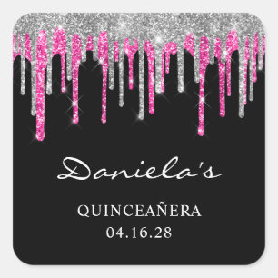 Sticker Carré Parties scintillant rose chaud argent gouttes noir