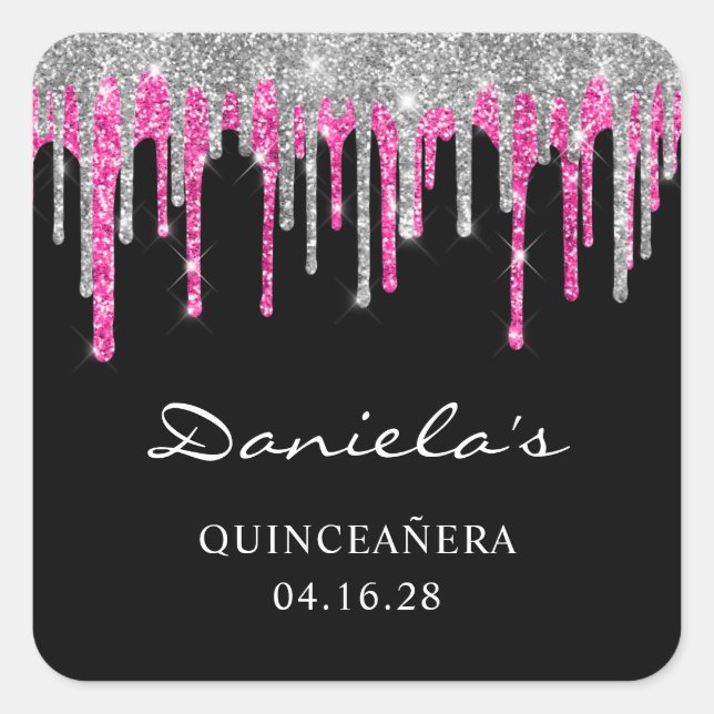 Sticker Carré Parties scintillant rose chaud argent gouttes noir (Devant)