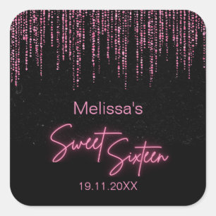 Sticker Carré Parties scintillant rose et Black Sweet 16 Anniver