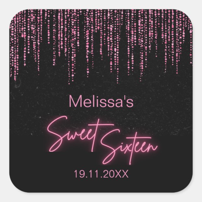 Sticker Carré Parties scintillant rose et Black Sweet 16 Anniver (Devant)