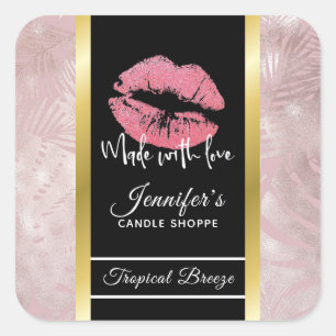 Sticker Carré Parties scintillant rose lèvres et Rose Feuilles o