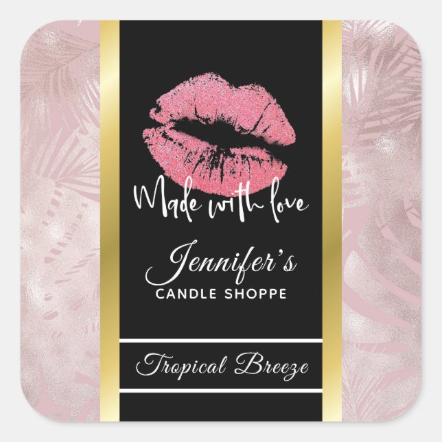 Sticker Carré Parties scintillant rose lèvres et Rose Feuilles o (Devant)