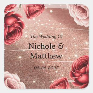 Sticker Carré Parties scintillant rose or avec Mariage Red Roses