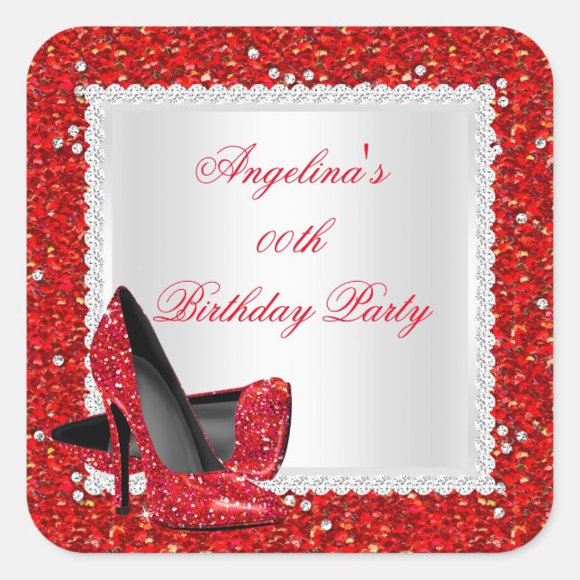 Sticker Carré Parties scintillant Rouge Haut talons Anniversaire (Devant)