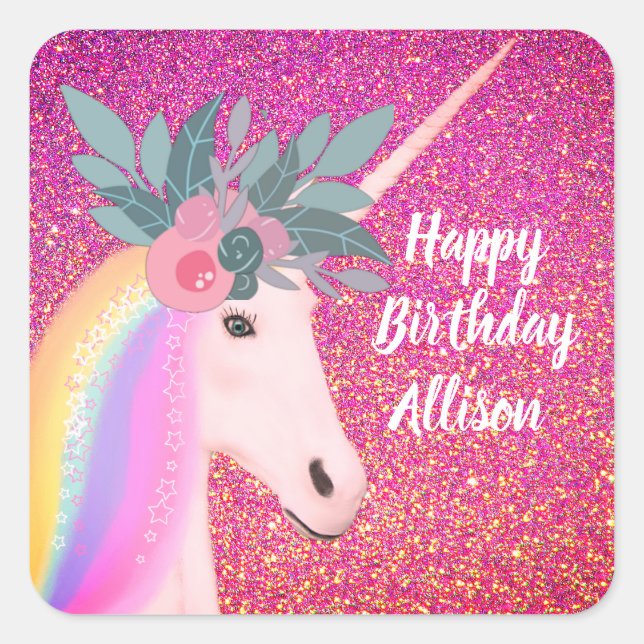 Sticker Carré Parties scintillant Unicorn rose étincelle Floral  (Devant)
