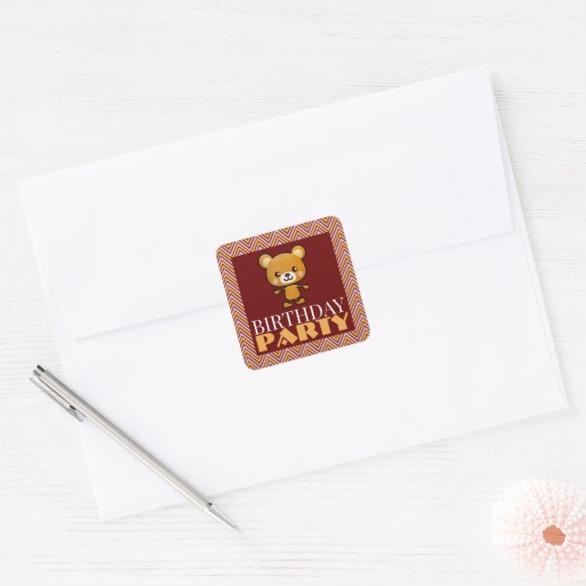 Sticker Carré Party Animal Bear, Chevron Birthday Party (Enveloppe)