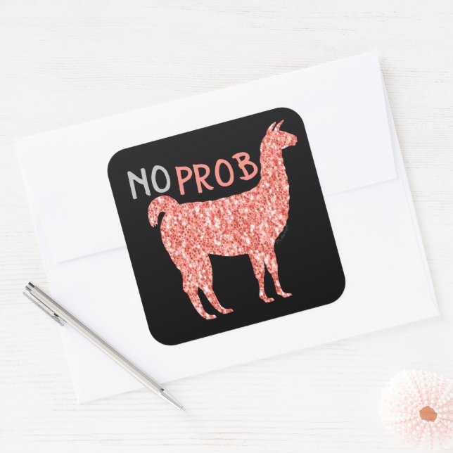 Sticker Carré Pas de Prob Llama parties scintillant corail rose  (Enveloppe)