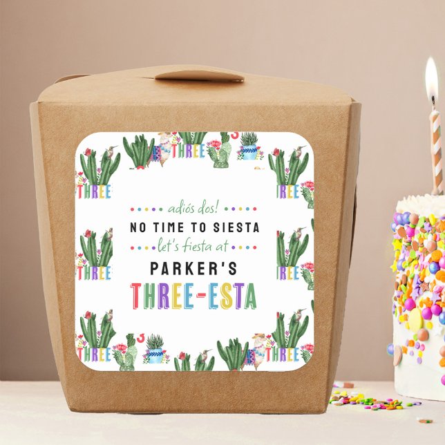 Sticker Carré Pas le temps de fêtes Trois-Esta Fiesta 3e anniver (Decorate food boxes, favors, stationery and even the kids with fun three-esta fiesta stickers)