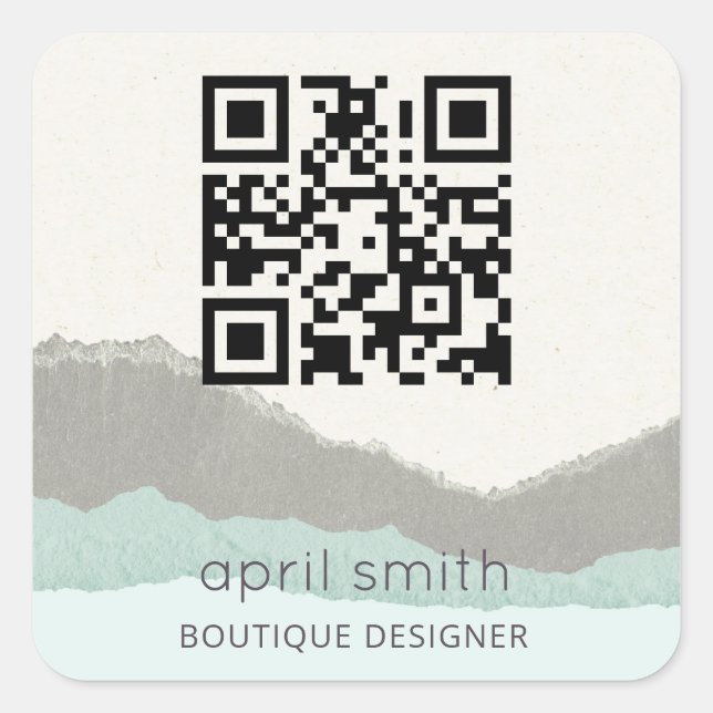 Sticker Carré Pastel Aqua Kraft Mountain Wave Torn Edge QR Code (Devant)
