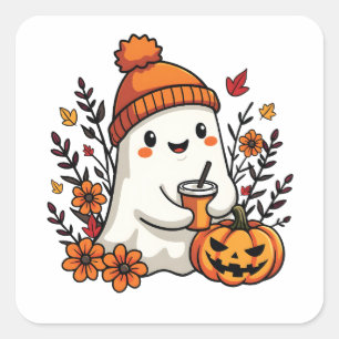 Sticker Carré Pastel Automne Kawaii Fantôme Automne Citrouille É