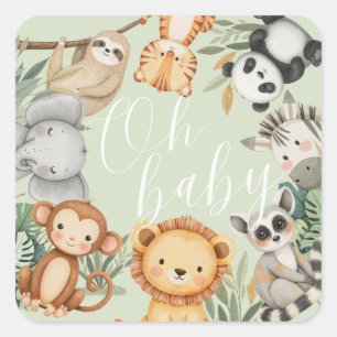 Sticker Carré Pastel baby shower tropical Jungle Safari Animaux