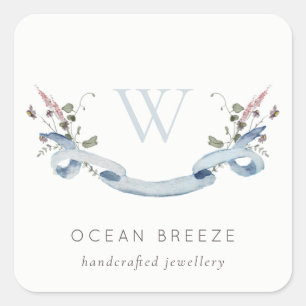 Sticker Carré Pastel Blue Fleur sauvage aquarelle ruban monogram