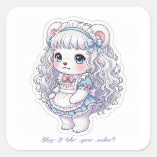 Sticker Carré Pastel Blue Maid Bear - Fluffy Long Hair Kawaii 