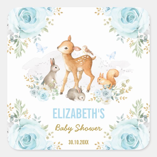 Sticker Carré Pastel Blue Woodland Animaux Baby shower Faveurs (Devant)