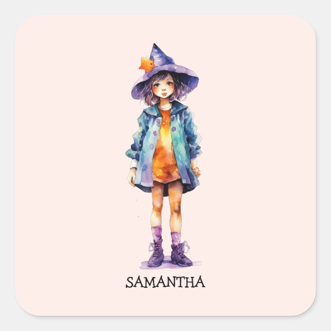 Sticker Carré Pastel Cute Witch Girl Halloween esthétique (Devant)