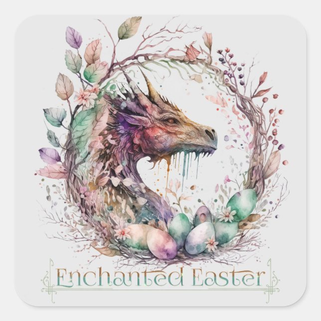 Sticker Carré Pastel Enchanted Pâques Dragon Eglise Wreath (Devant)