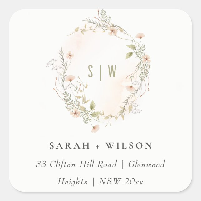 Sticker Carré Pastel Fleur sauvage Floral Monogram Adresse de co (Devant)