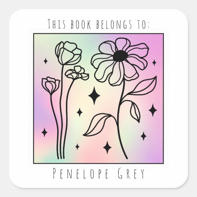 Sticker Carré Pastel Floral Hologramme Carré Plaque de livre (Devant)
