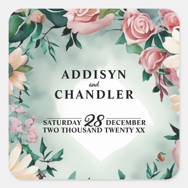 Sticker Carré Pastel Flower Elégance : Sage Green Floral Mariage (Devant)