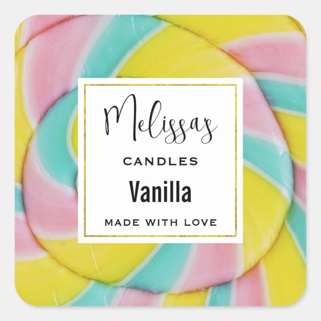 Sticker Carré Pastel Rainbow Spiral Candy Photo Bougie Biz (Devant)