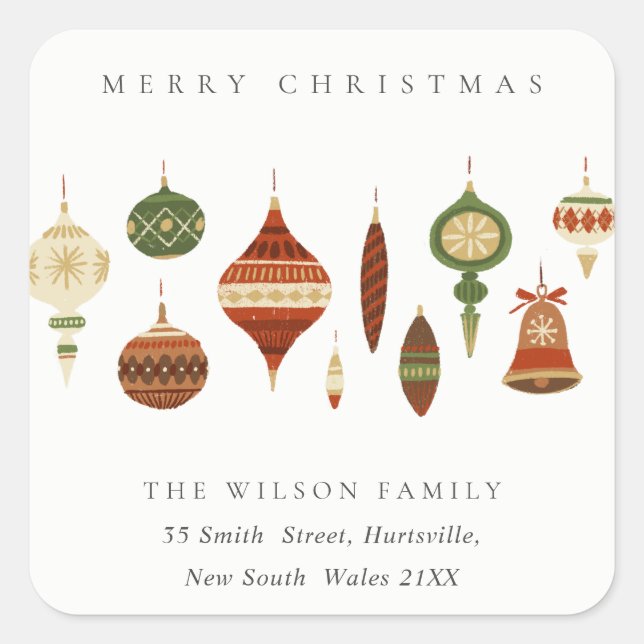 STICKER CARRÉ PASTEL RED GREEN STAR CHIRSTMAS ORNAMENTS ADRESSE (Devant)