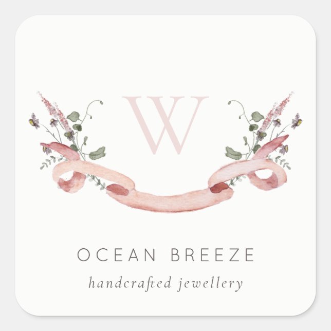 Sticker Carré Pastel rose Fleur sauvage aquarelle ruban monogram (Devant)